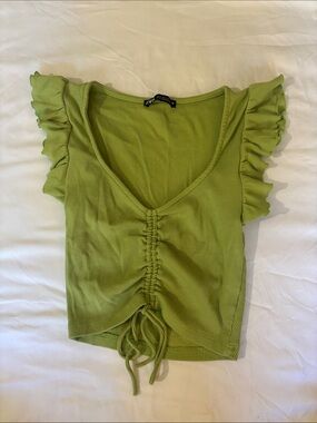Zara Lime Green Ruched V-Neck Crop Top with Ruffle Sleeves